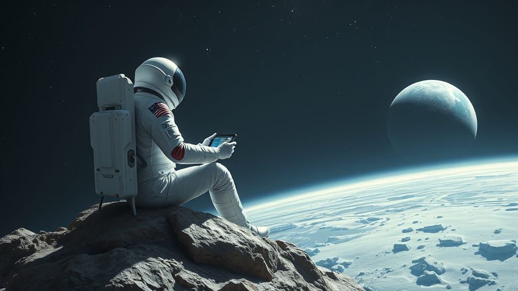 Futuristic Astronaut in Isolation, Floating Near a Distant E...