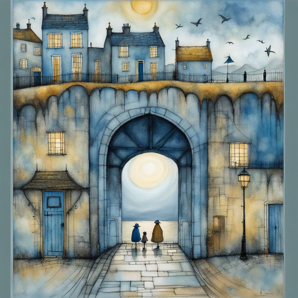 Misty Seaside Sunrise: Whimsical Illustration in Blues and G...