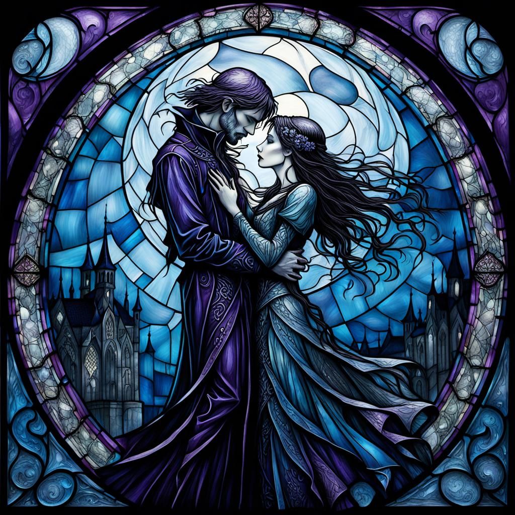 Gothic Stained Glass: Couple Dancing in Rain