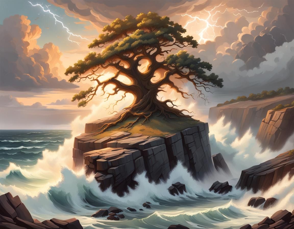 Oak Tree Stands Firm Against Hurricane Waves