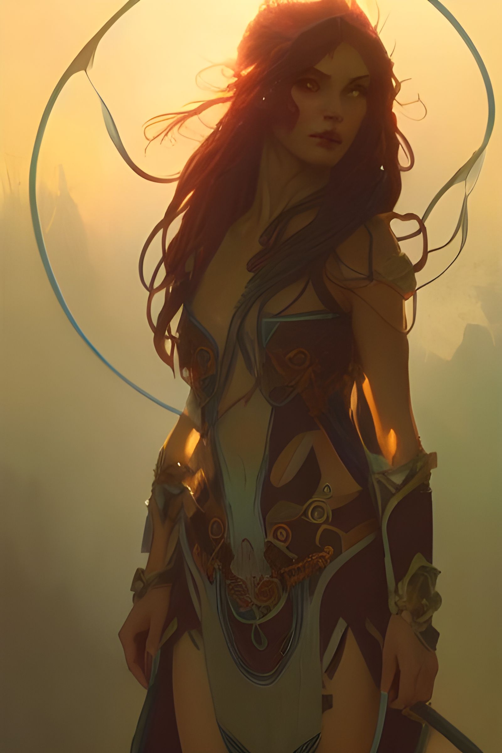 Beautiful Elf Woman with Glowing Eyes in Art Nouveau Style