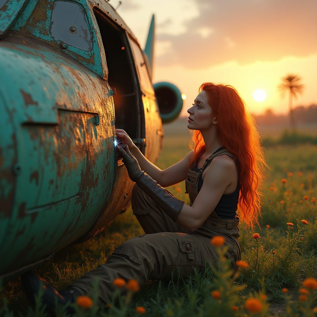 Ravishing Redhead Repairs Firefly Spaceship in Sunset Glow