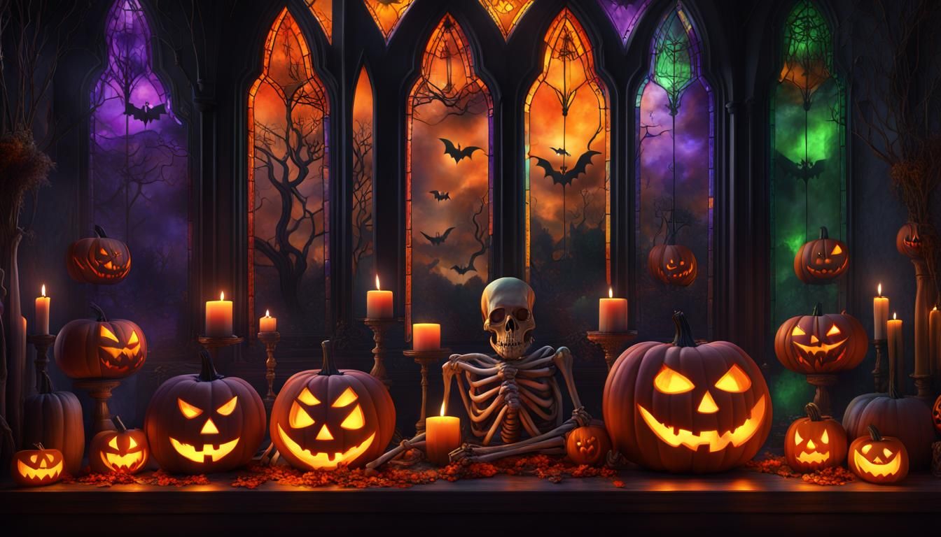 Spooky Stained Glass Halloween Scene