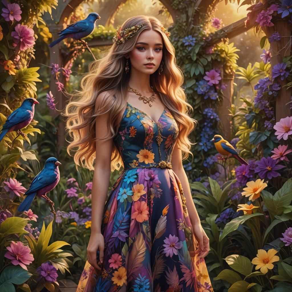 Girl in Garden Holding Bird, as Digital Matte Painting