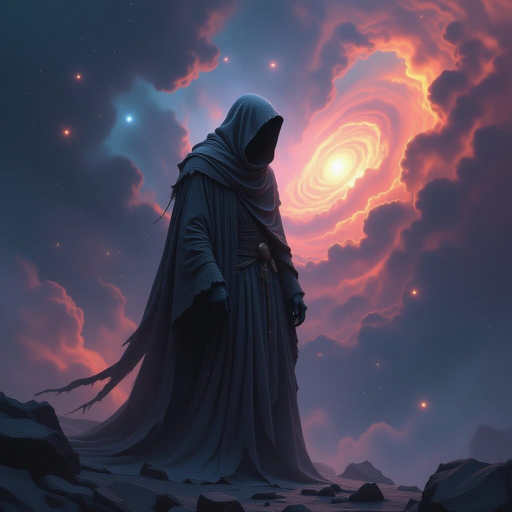 Ancient Figure in Swirling Nebula, Cosmic Dust and Starlight