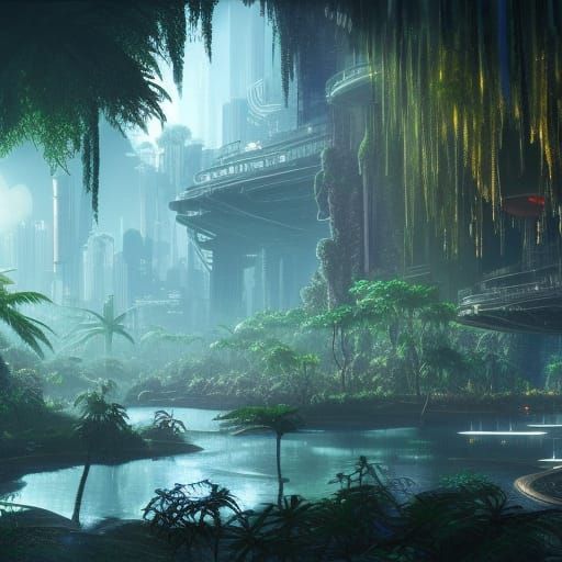 Lush Cyberpunk Jungle with Sapphire Lagoon