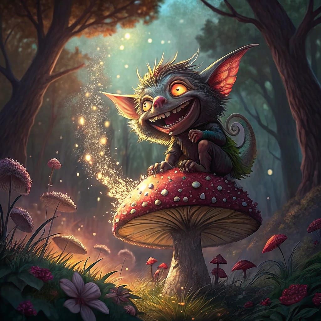 Mischievous Imp in Whimsical Forest, Digital Painting