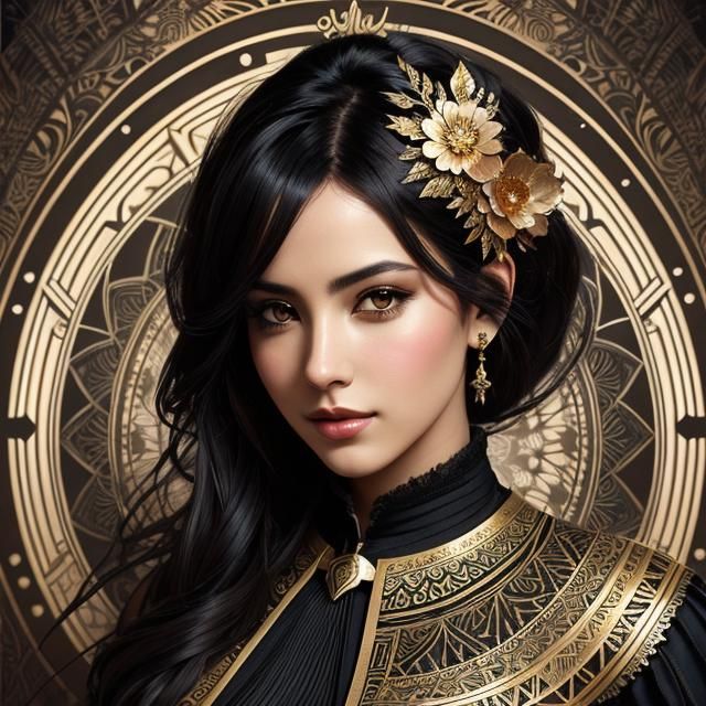 Neovictorian Woman Portrait in Tie-Dye Zentangle Style