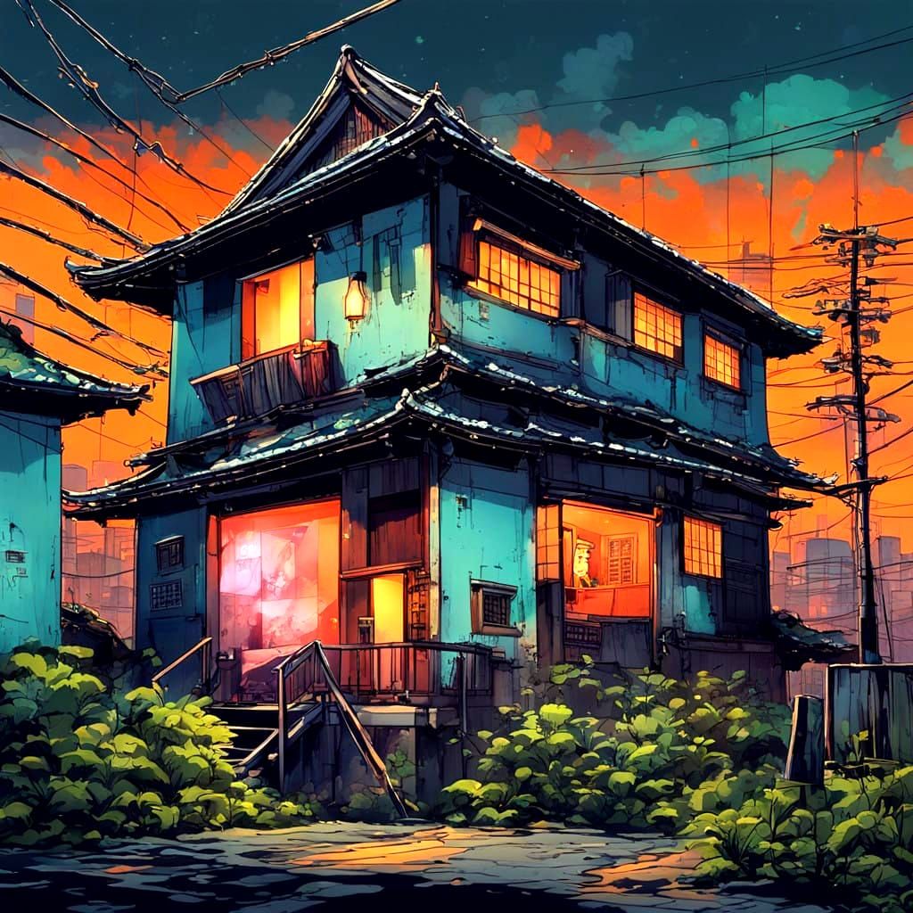 Surreal Japanese House at Night in Vibrant Graffiti Style