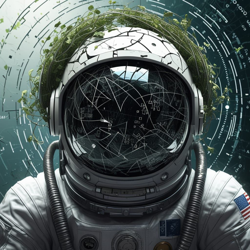 Cracked Astronaut Helmet with Digital Vines