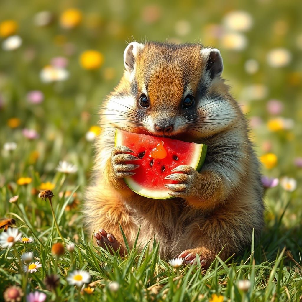 Realistic Raccoon Enjoys Watermelon in Wildflower Meadow
