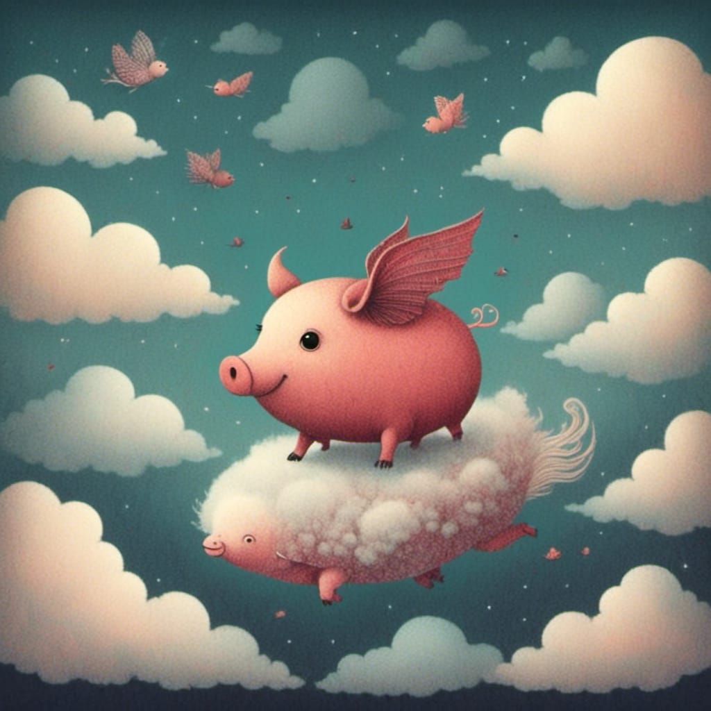 Cute Fat Pig Flying in the Clouds