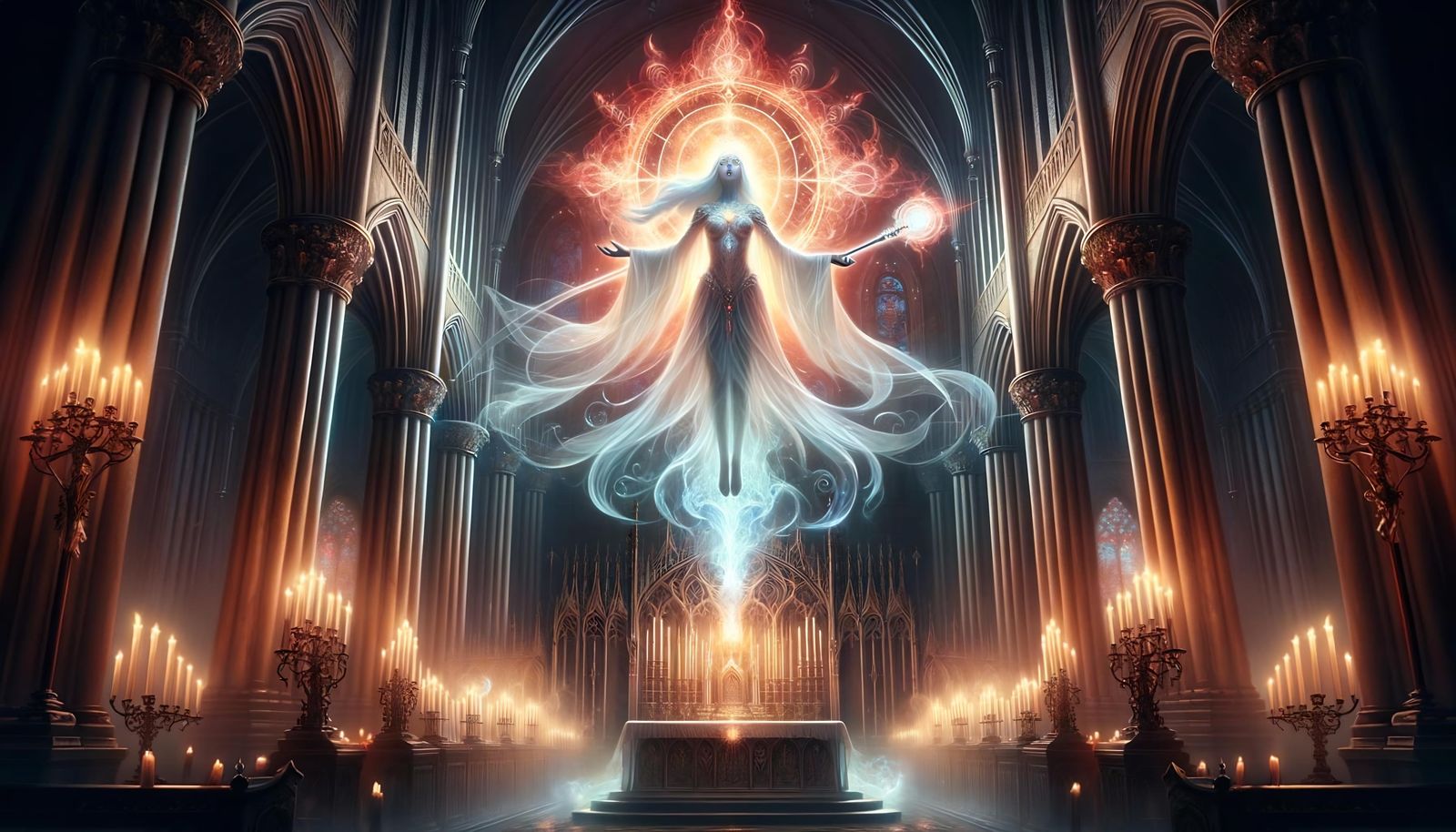 Ethereal Spirit Ascending Above Ancient Altar in Cathedral