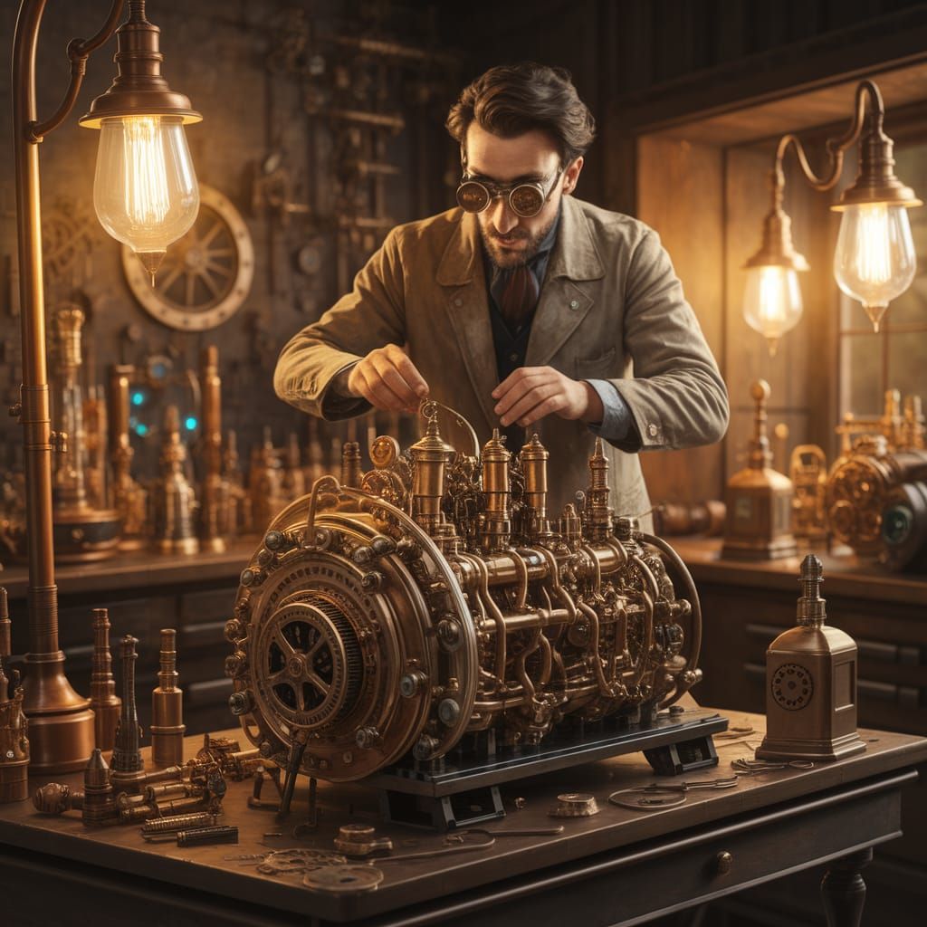 Steampunk Inventor in Warmly Lit Workshop