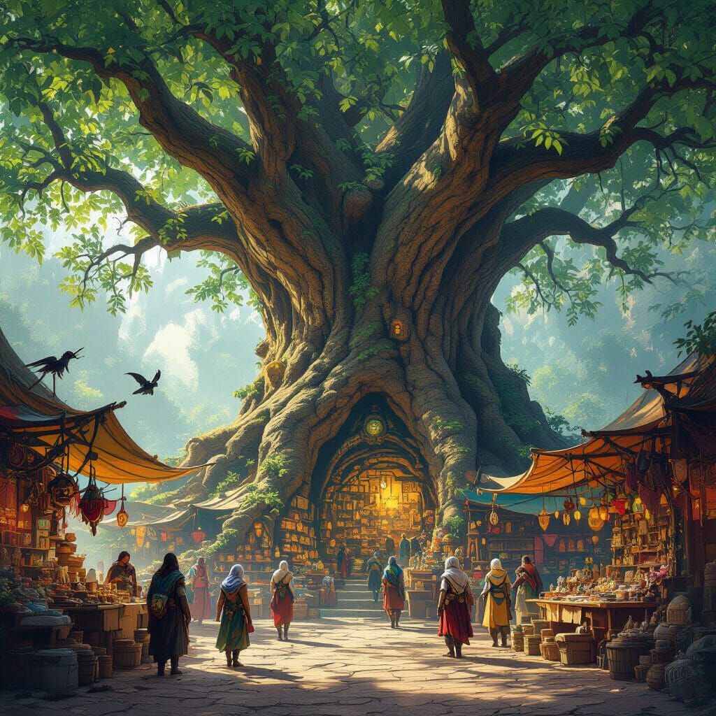 Elven Tree Trunk Marketplace with Exotic Wares and Winged Cr...