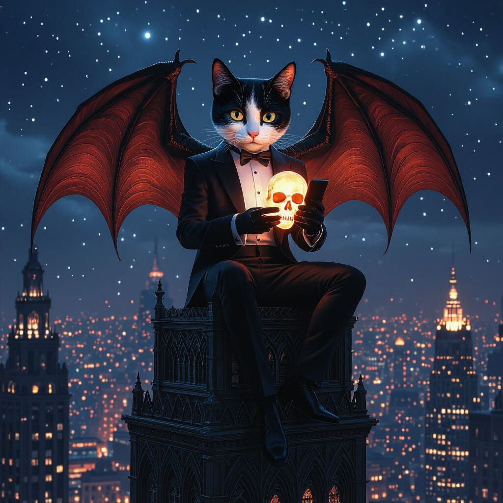 Vampire Cat Surveys Metropolis in Dark Fantasy Style