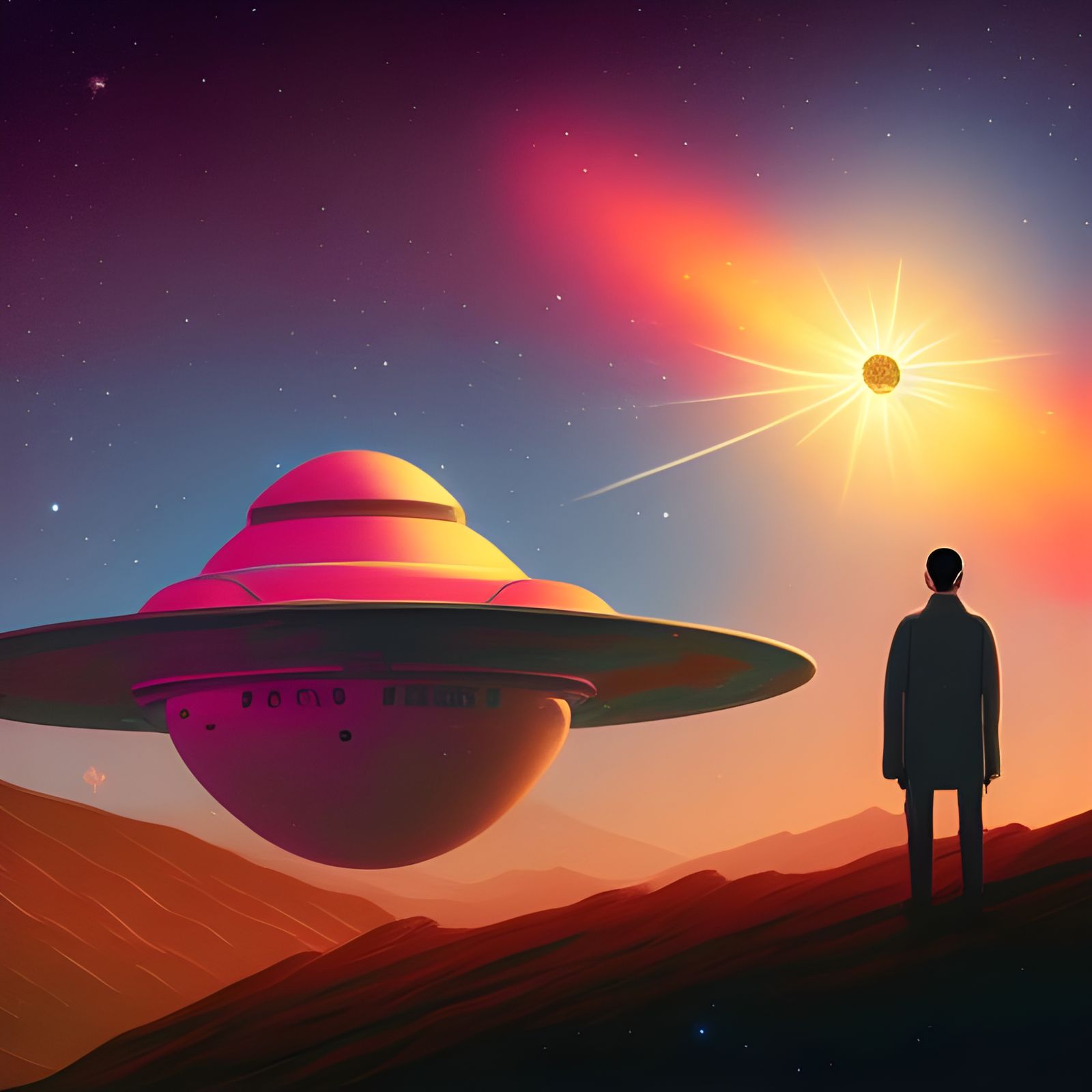 Flying Saucer and Nebula: Digital Art Deco Illustration