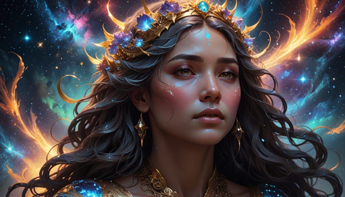 Celestial Goddess Weeping Tears of Light in Nebula