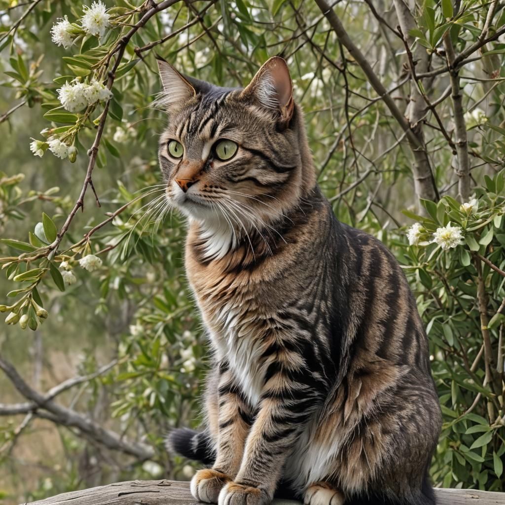 Brown Tabby Cat with Willow Catkins Portrait