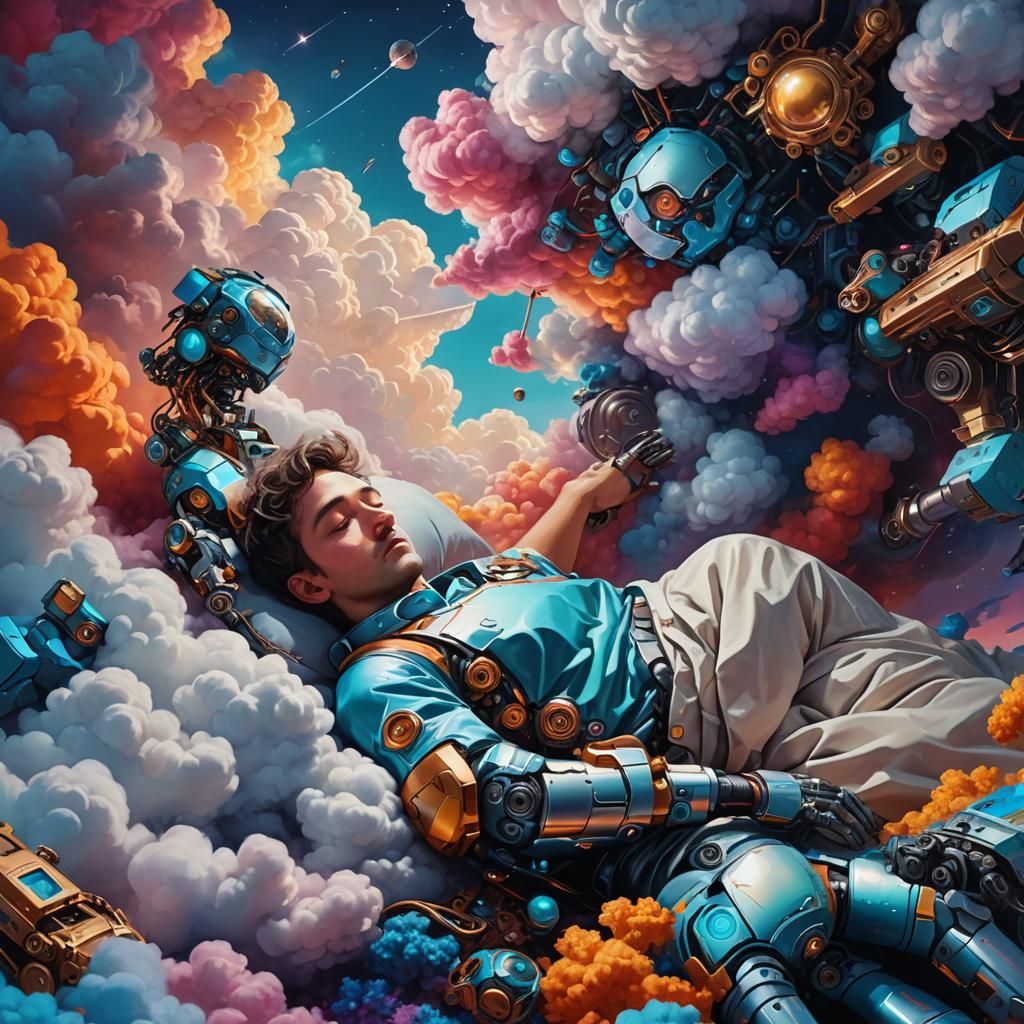 Dreamy Robotic World in Vibrant Oil Painting