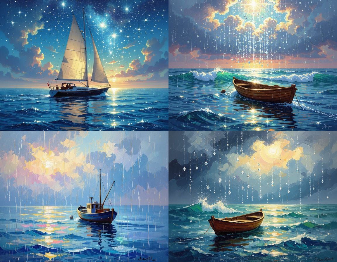 Boat Sailing Through Diamond Rain and Swirling Waves