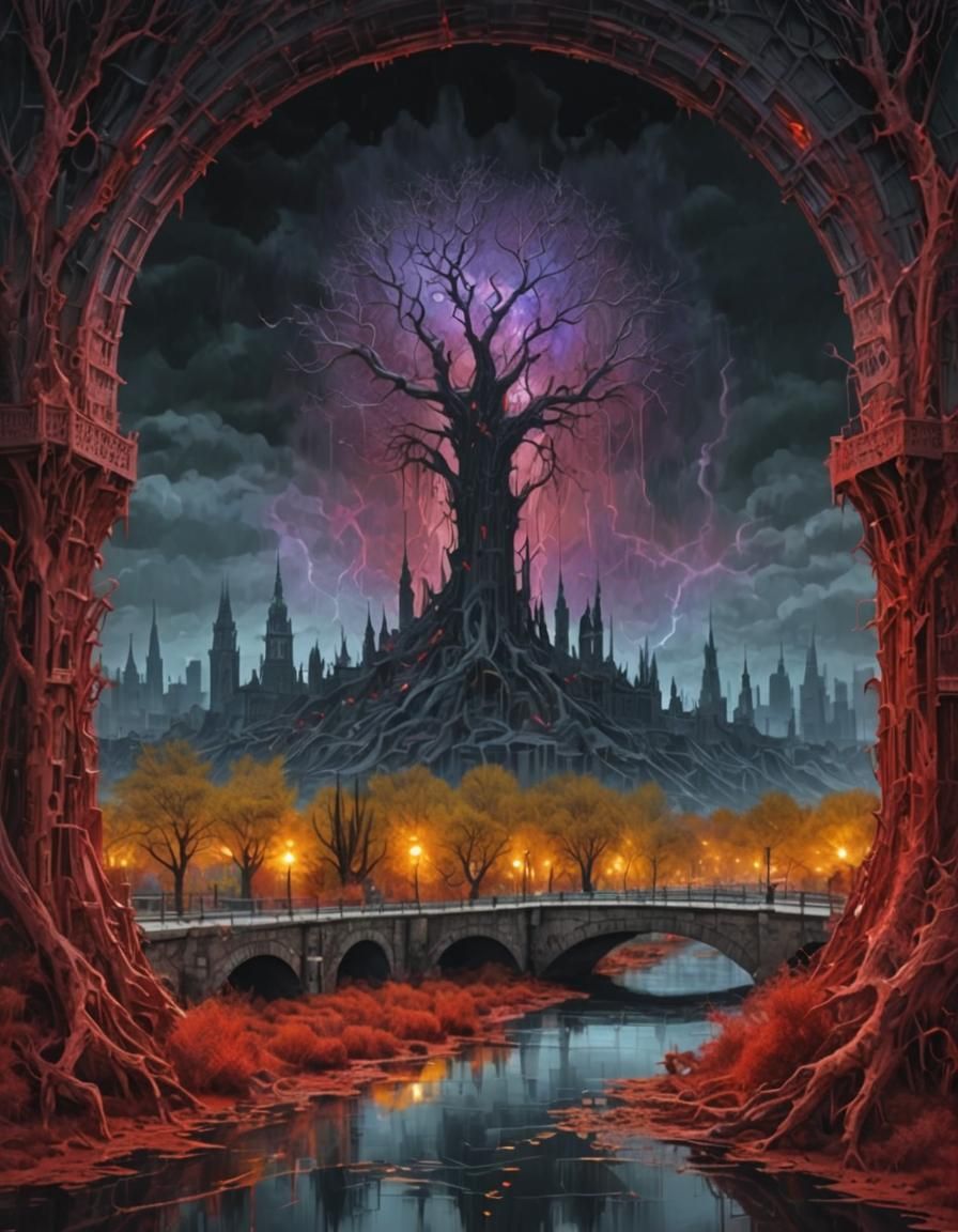 Surreal Fantasy Cityscape with Canals and Bridges