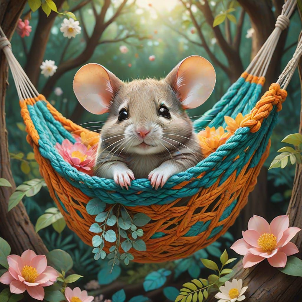 Surreal Mouse Serenely Sways in Whimsical Forest Hammock