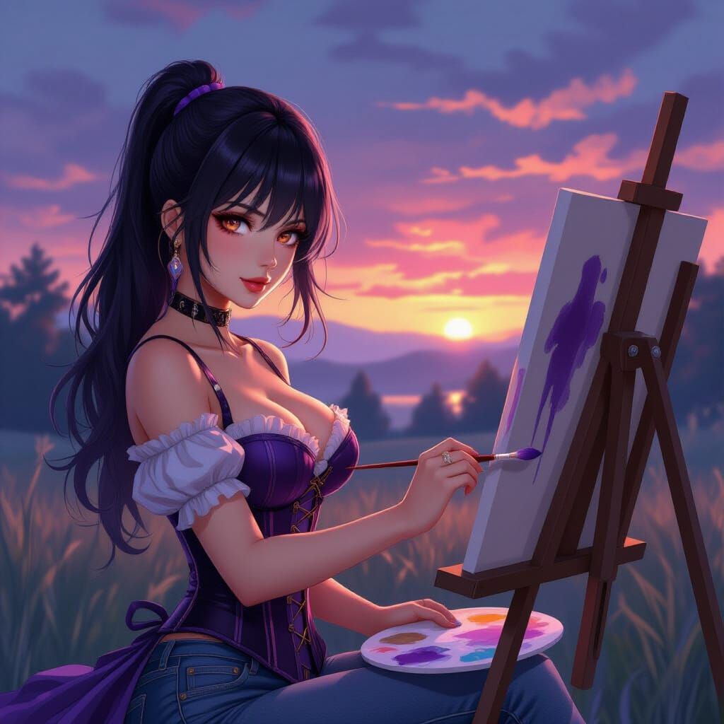 Woman with Copper Eyes Painting in the Morning