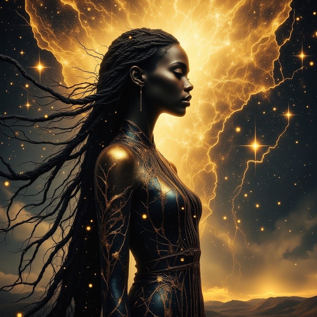 Celestial Woman in Golden Armor Amidst Galaxies
