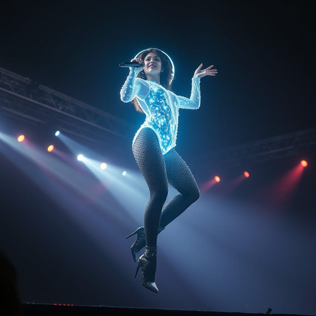 Futuristic Hologram Icon in Neon Bodysuit with Subtle Pixela...