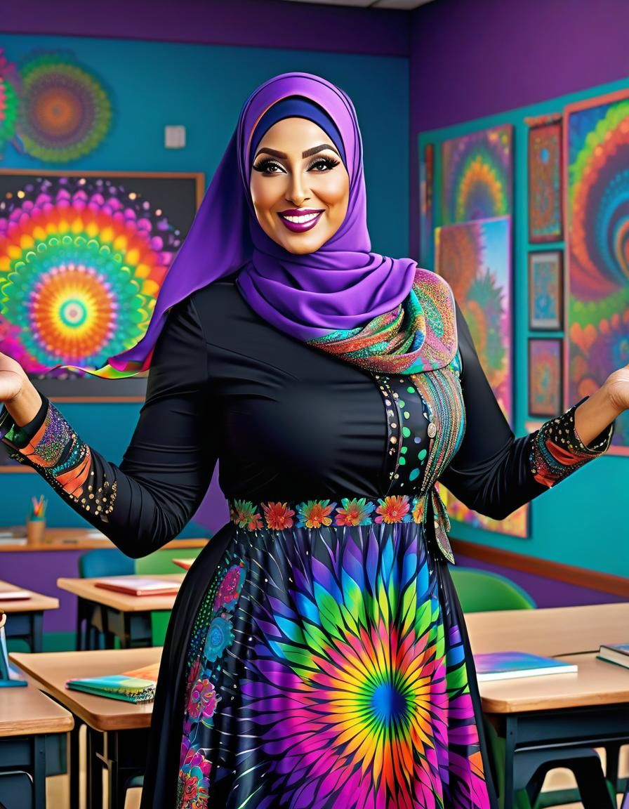 Happy Hijabi Teacher in Psychedelic Art Style