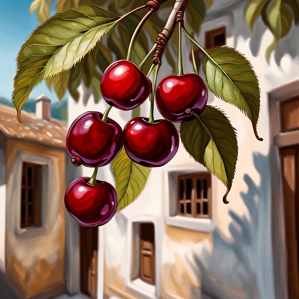 Lush Cherries Still Life in Hyperrealistic Style