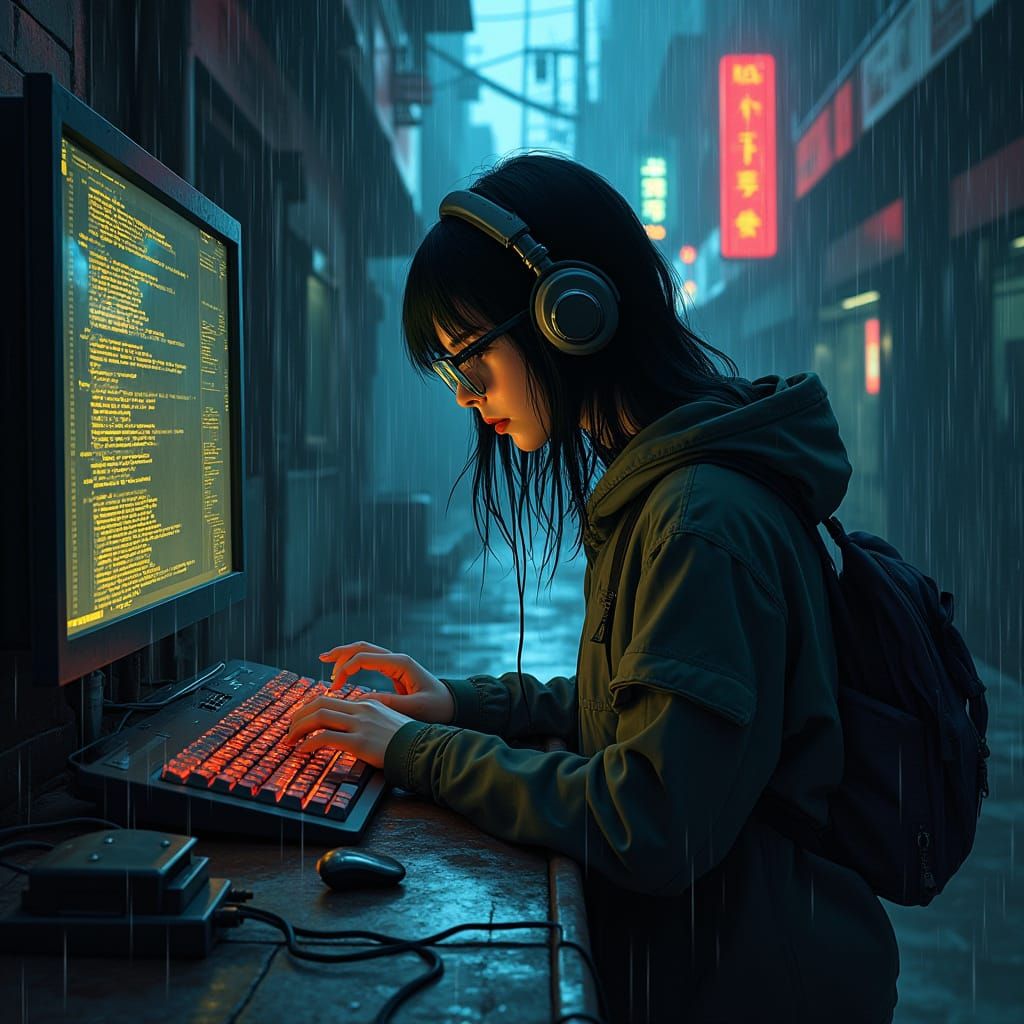 Female Hacker in Neon City Alley, Cyberpunk Style