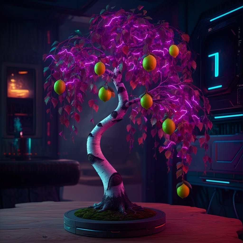 Cyberpunk Bonsai Tree with Glowing Fruit