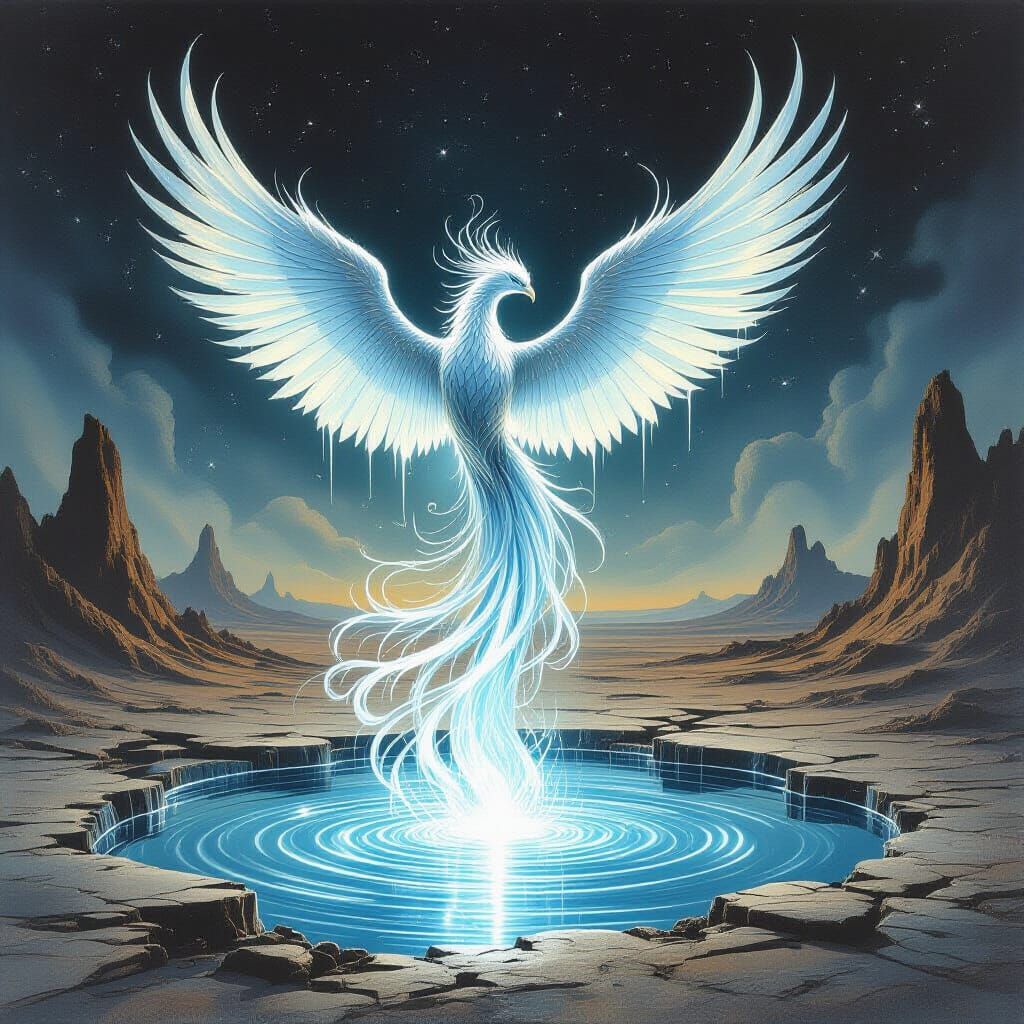 Mercury Phoenix Rises in Surreal Metallic Landscape