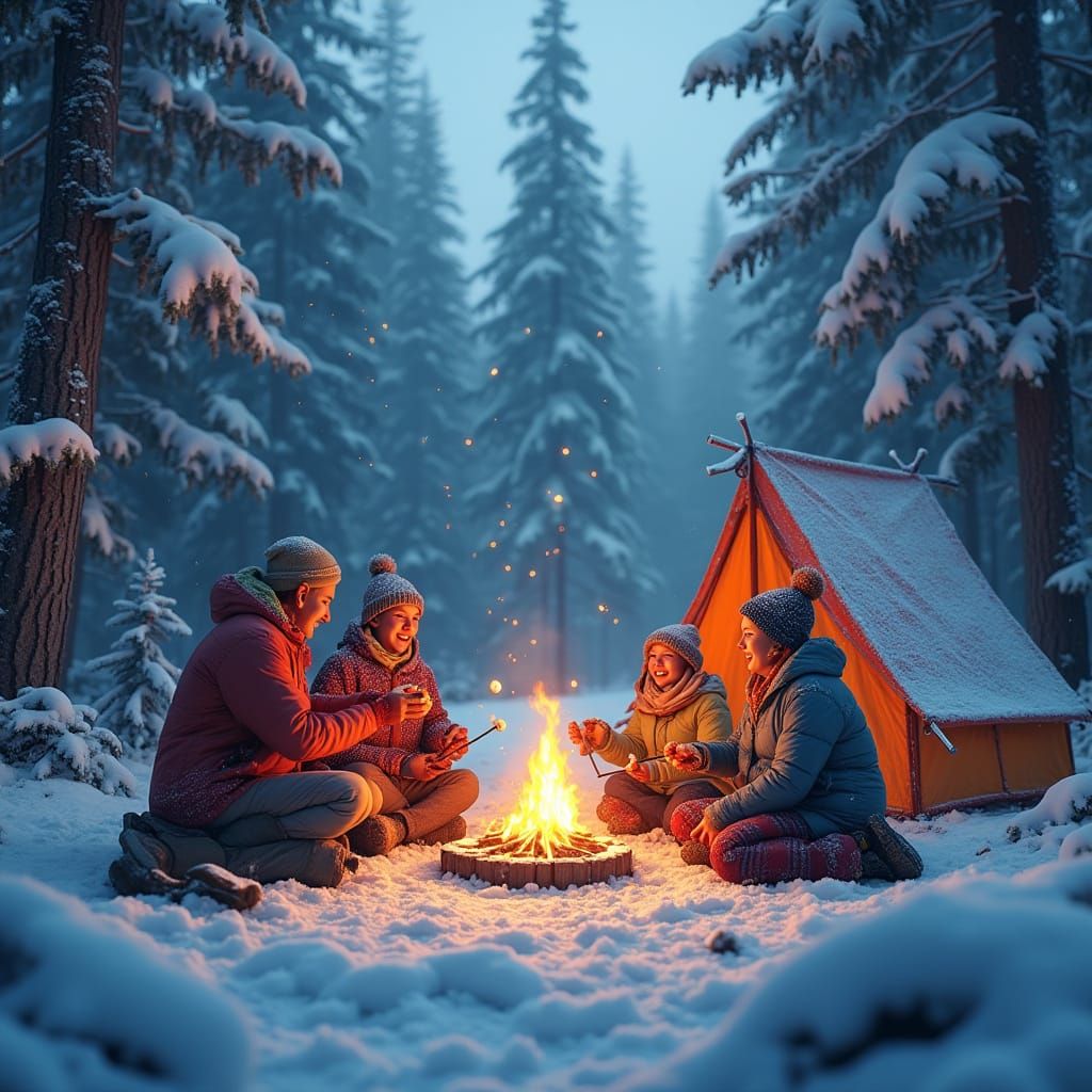 Serene Winter Campsite in Snowy Forest