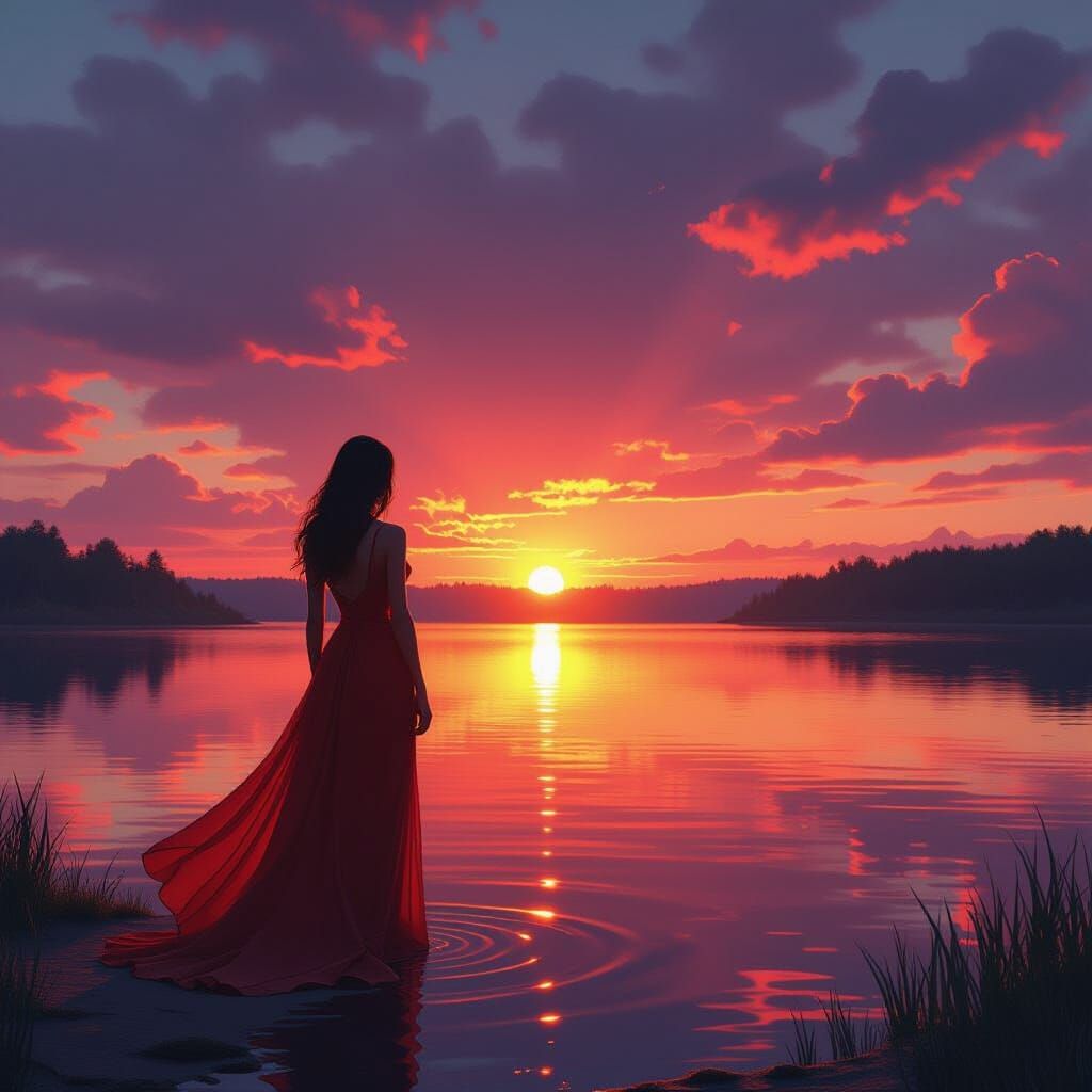 Woman's Silhouette Against Fiery Sunset Lake