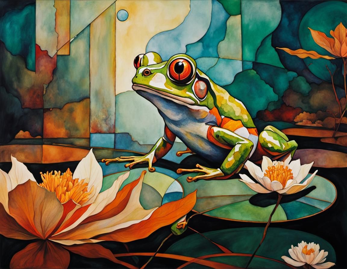Expressionist Frog Leap in Abstract Celestial Composition