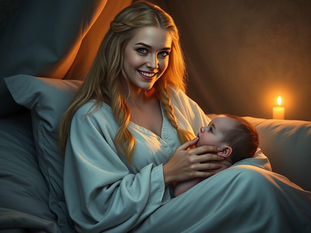Anglo-Saxon Druid Mother Cradles Baby in Bedchamber