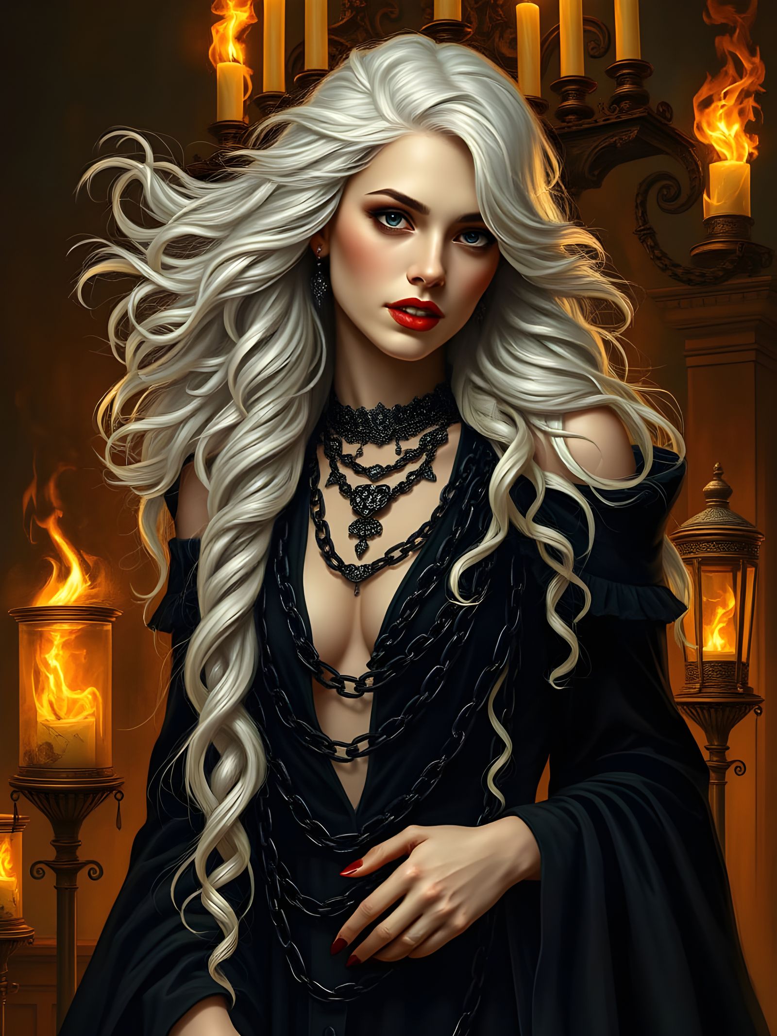 Elegant Vampire Maiden in Gothic Horror Oil Painting