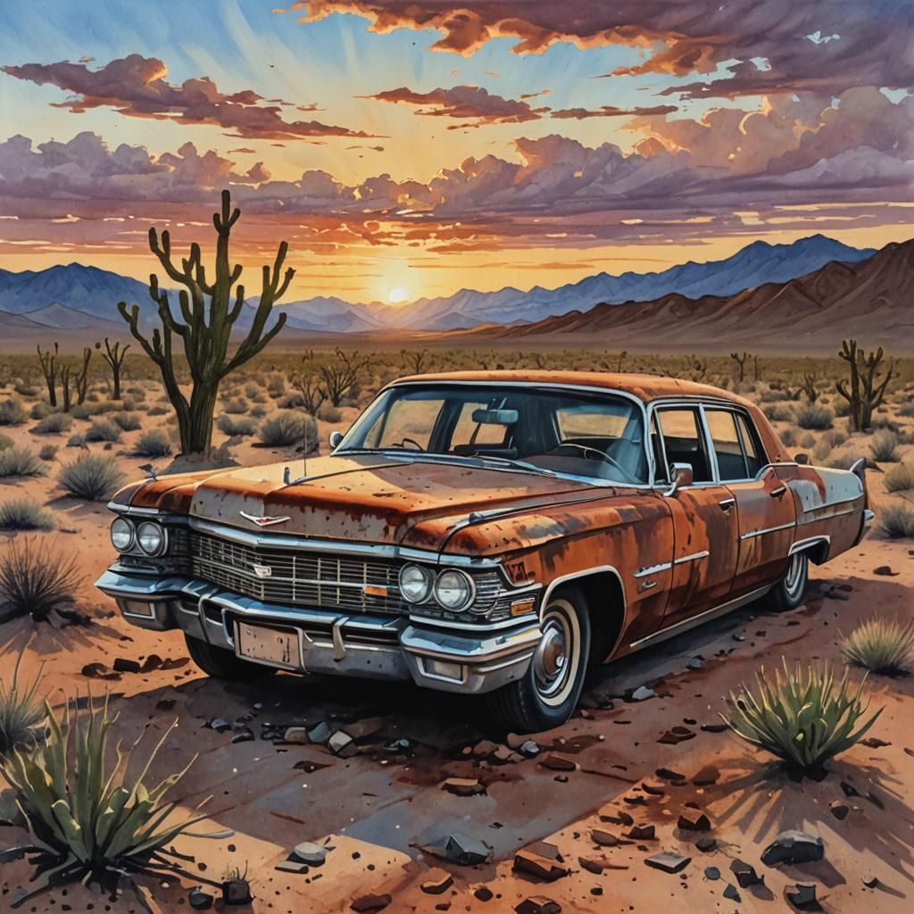 Mojave Sunset Over Vintage Cadillac, Gouache Style