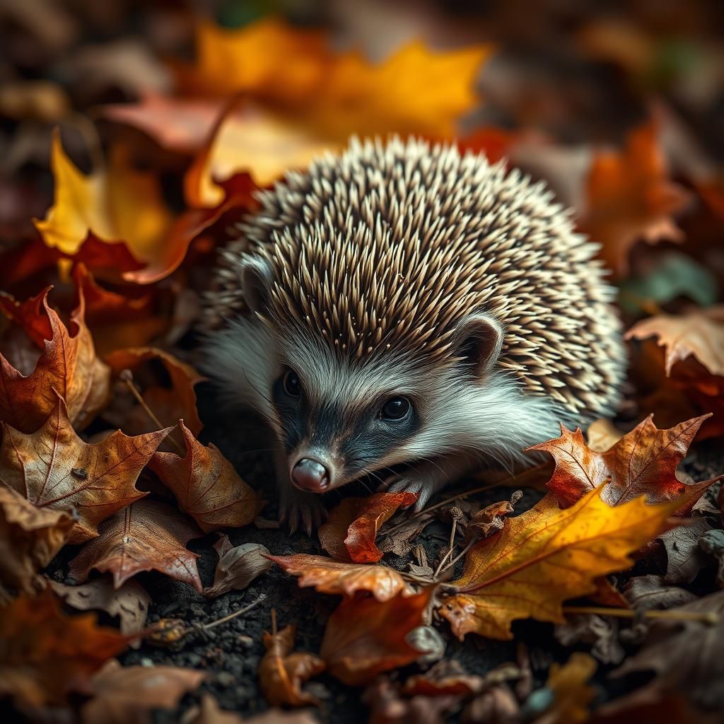 Hyperrealistic Hedgehog Burrowing Under Autumn Leaves