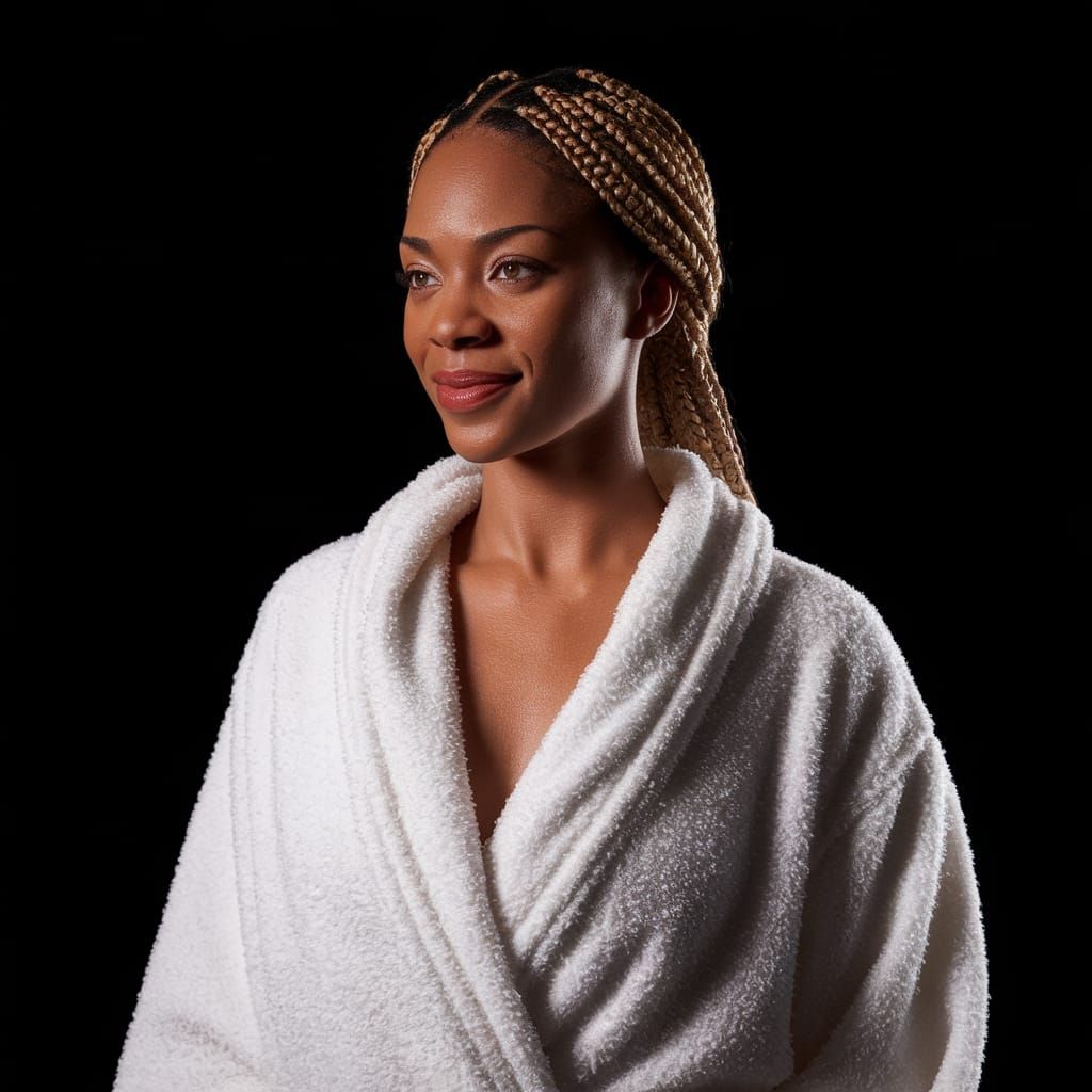 Radiant Woman in White Robe, Hyperrealistic Portrait