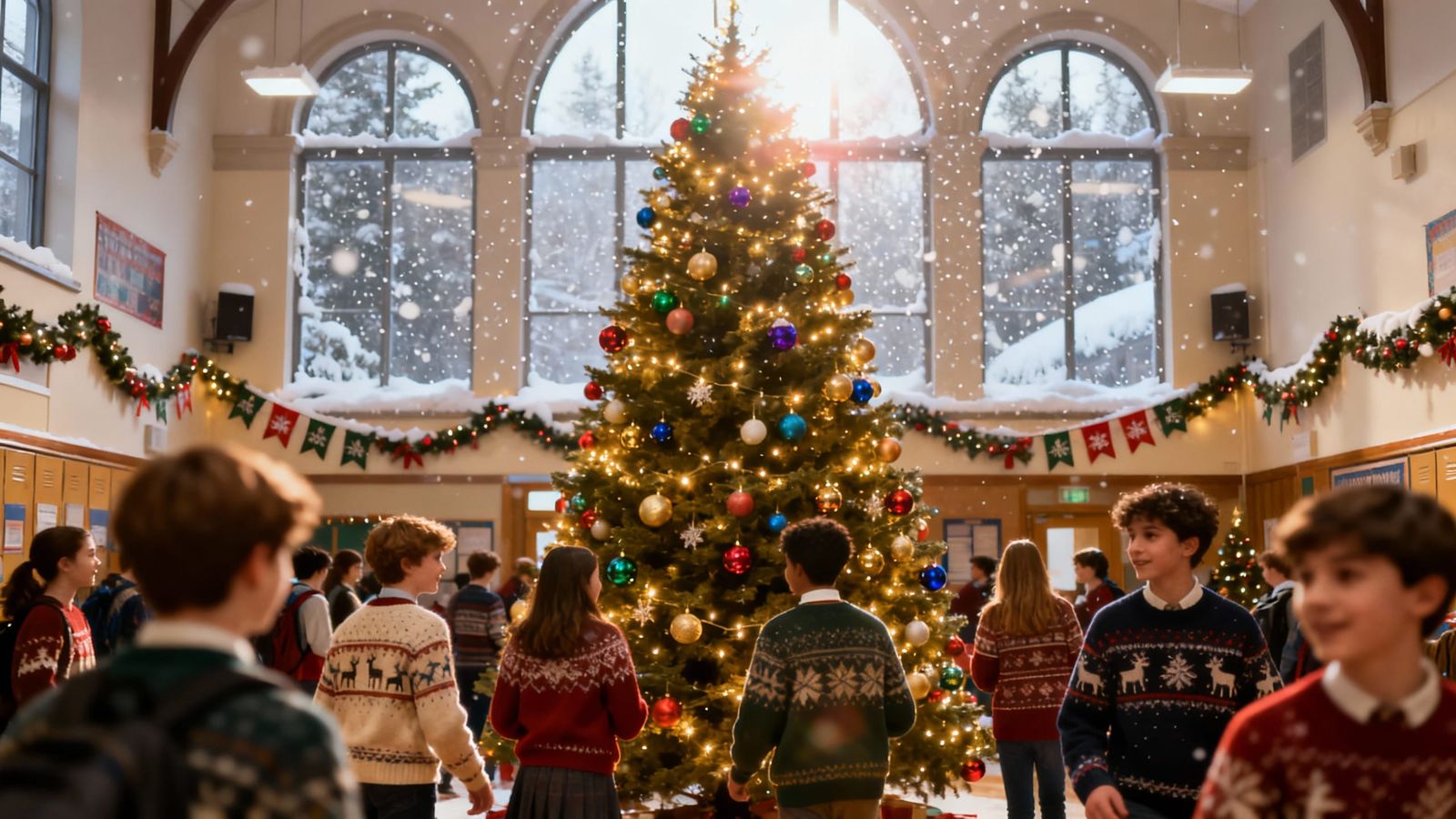 Festive Christmas School Hall with Students Decorating Tree
