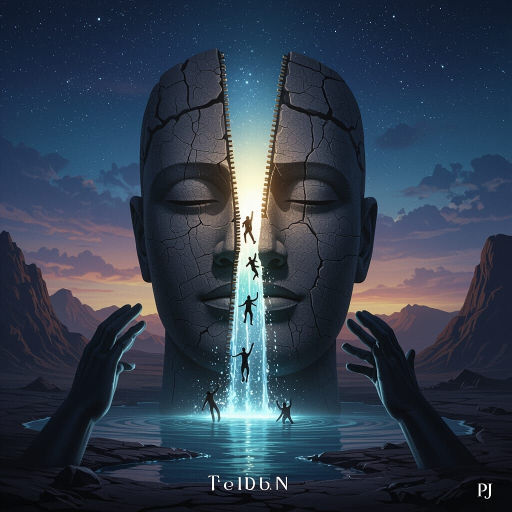 Colossal Stone Head Opens in Dreamlike Landscape