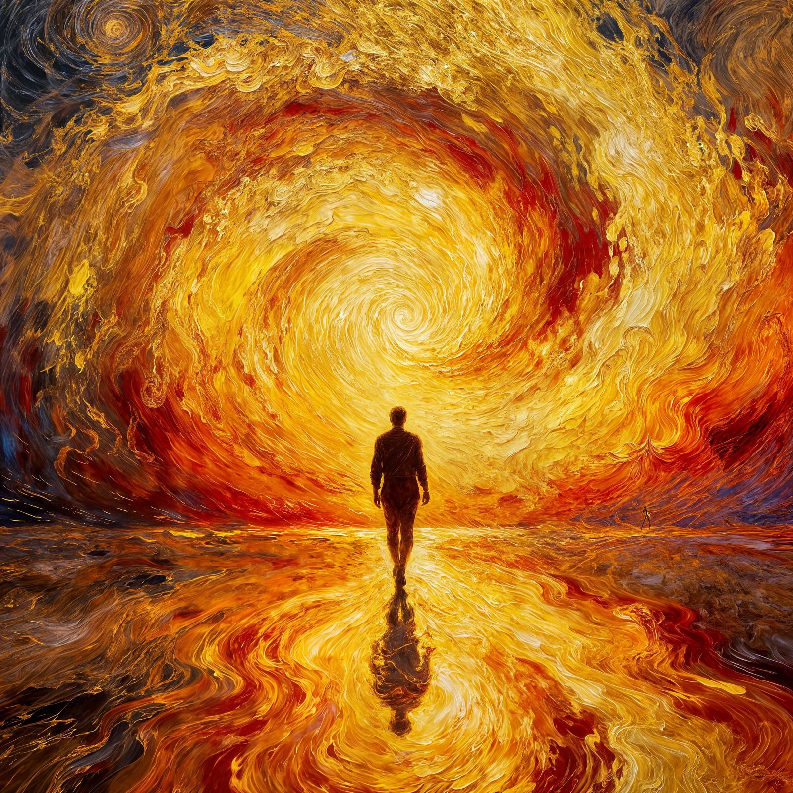 Human Silhouette Enters Fiery Cosmic Vortex