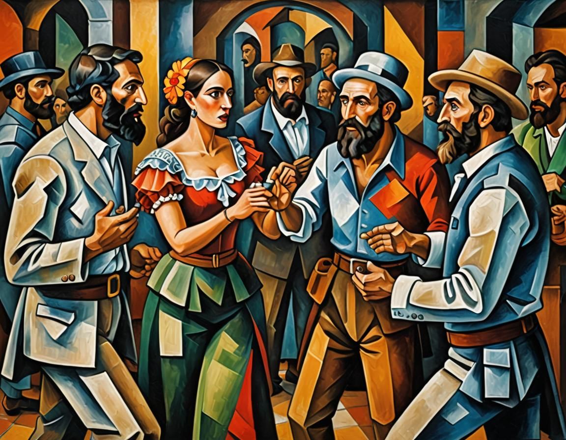 Cantina Argument: Cubist Painting of Spanish Scene