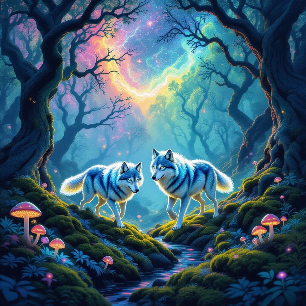 Bioluminescent Wolves in Dreamlike Astral Forest