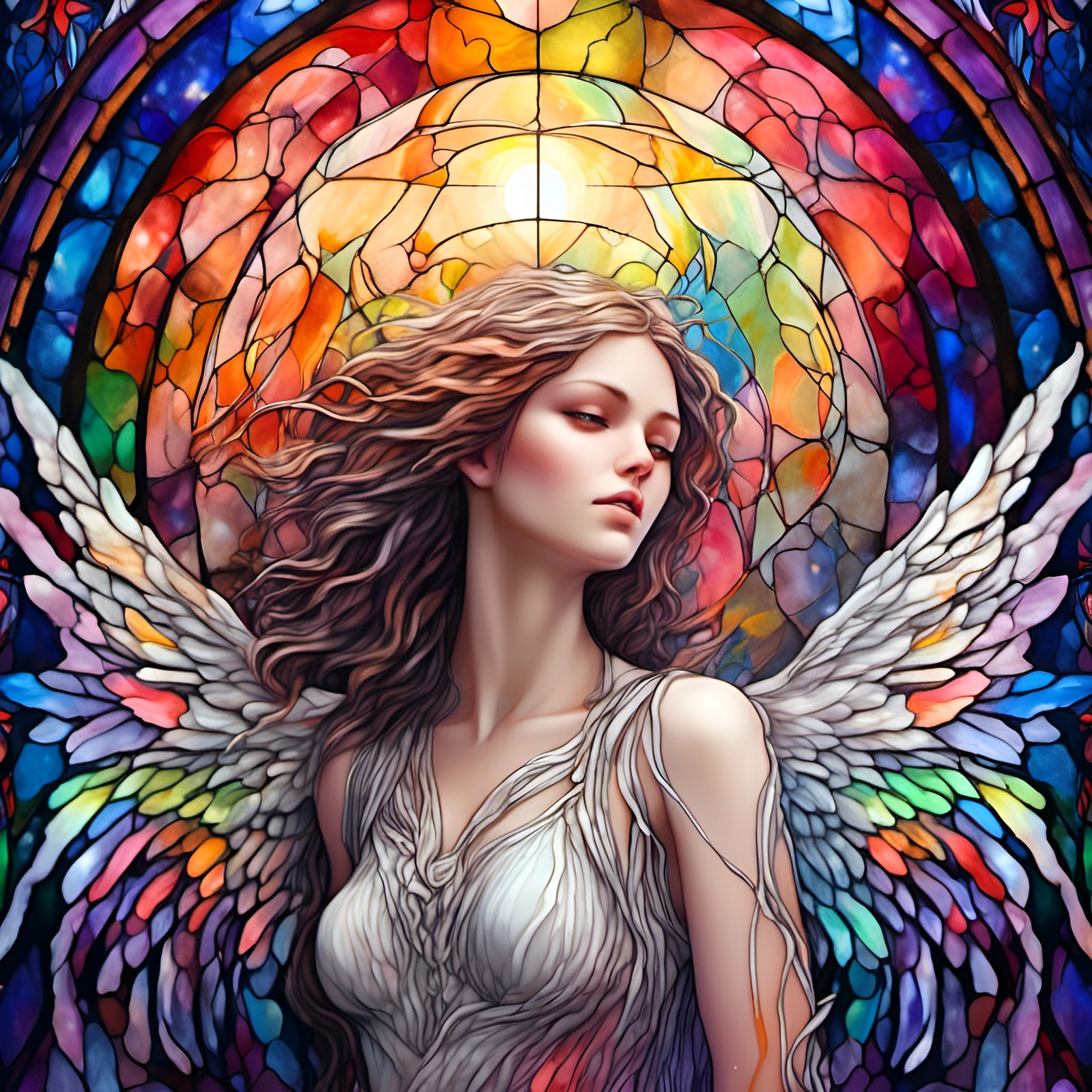 Stained Glass Angel in Moonlight, Acrylic Painting