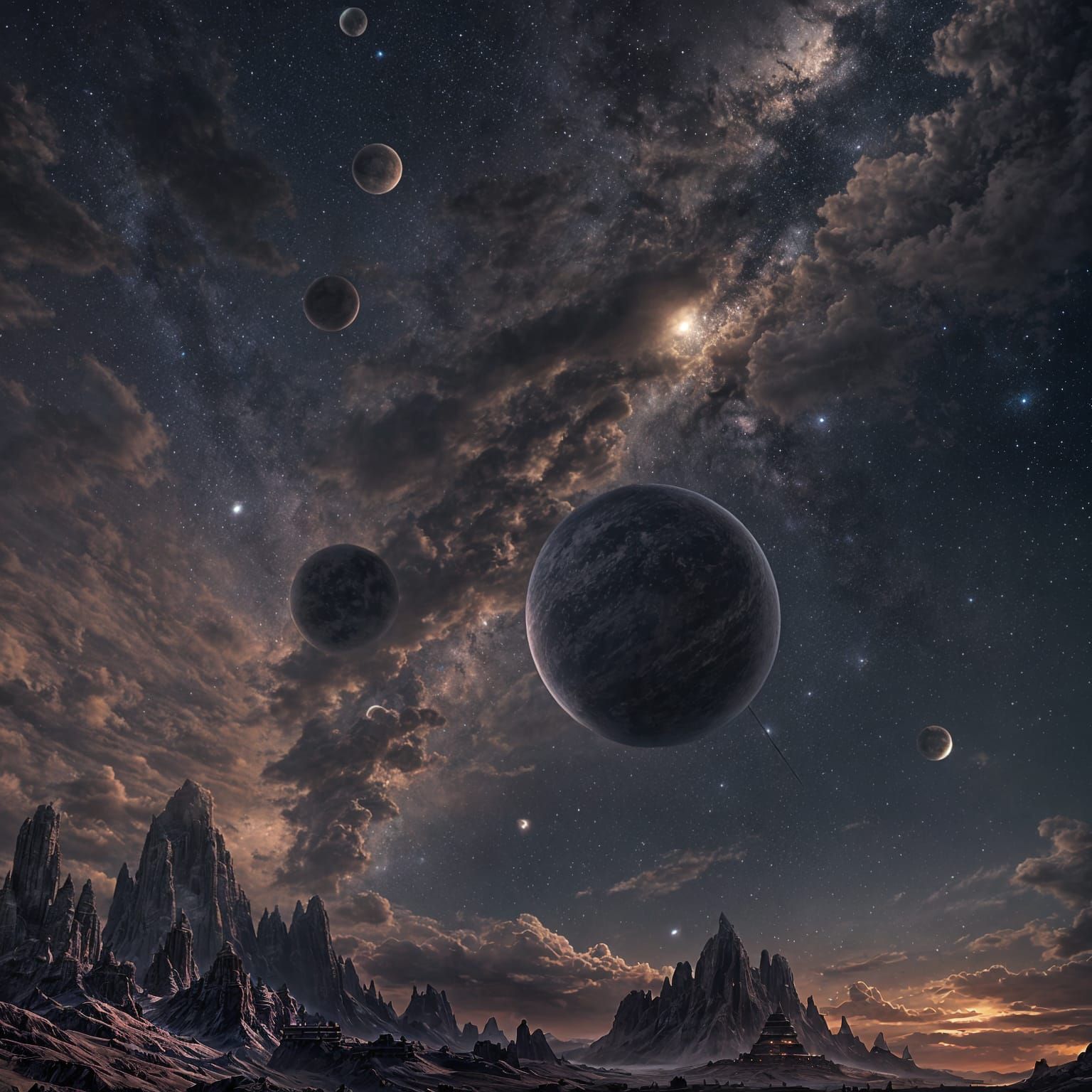 Planets and Moons in Dramatic Night Sky